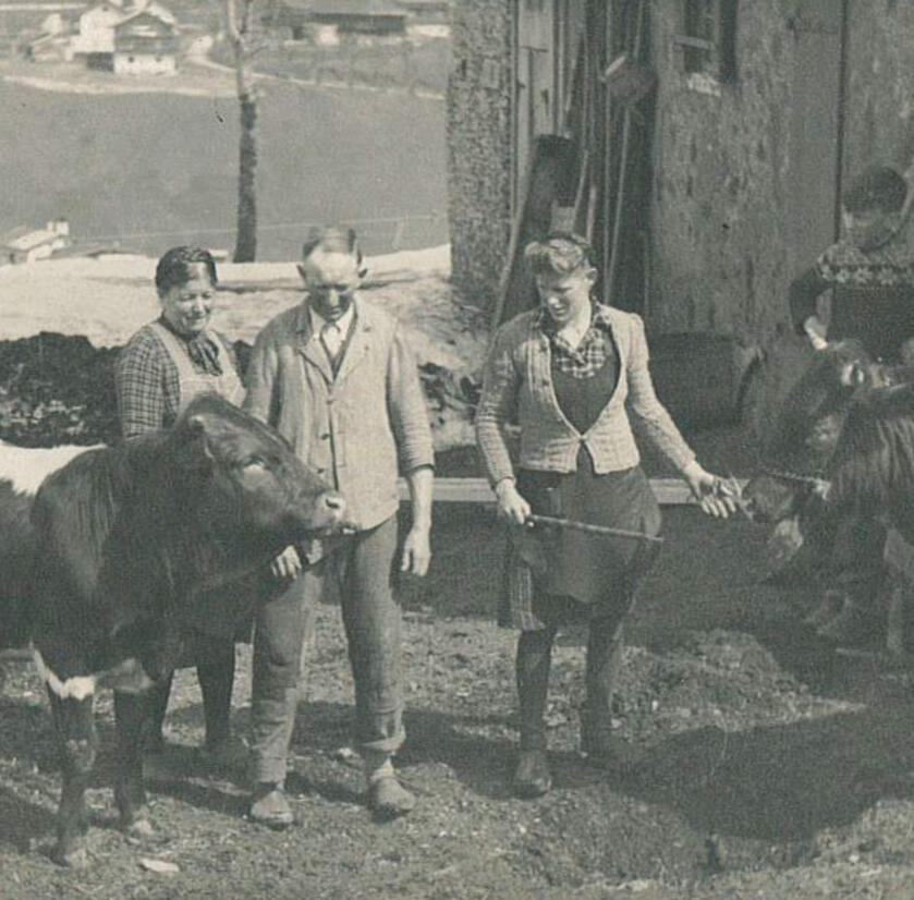 Historische Aufnahme von fünf Personen und zwei Kühe